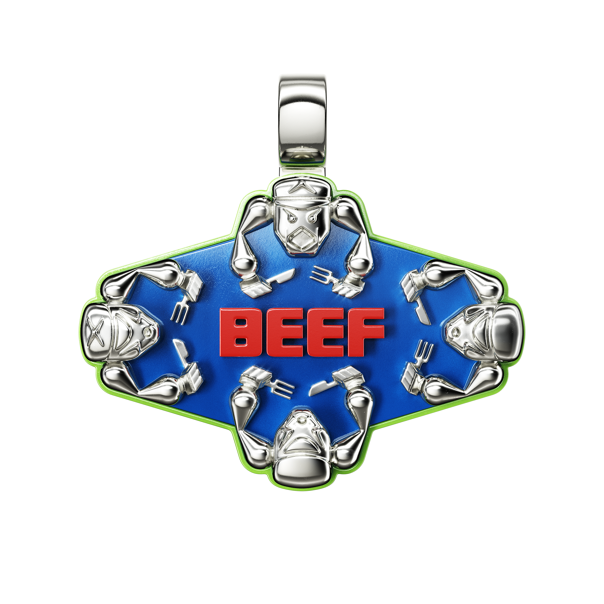 A detail of Beef Pendant XL in Chet Blue